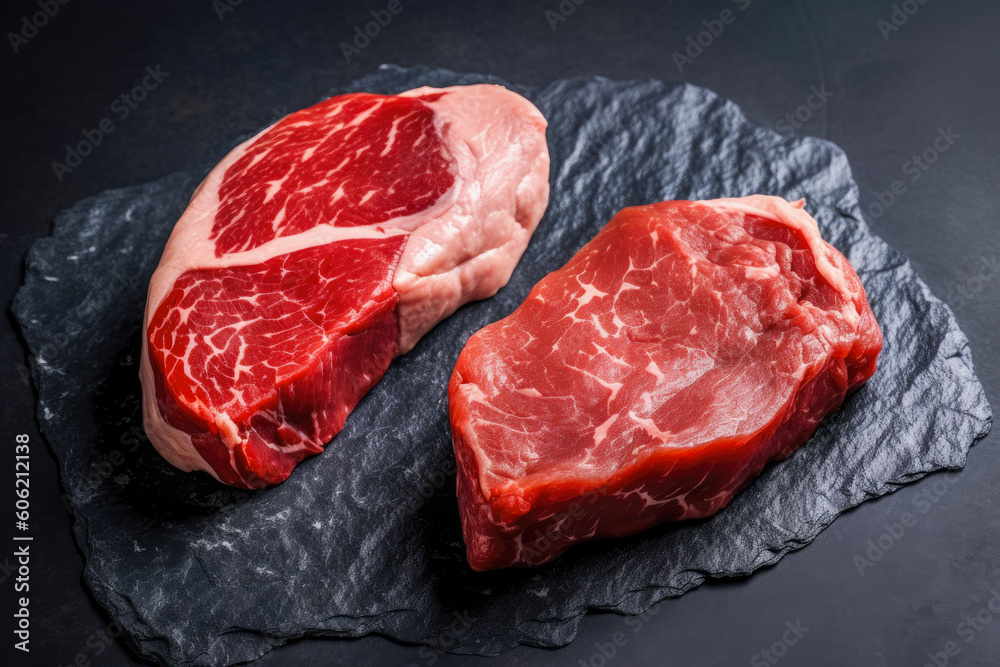 Two juicy raw steaks on a slate or dark shale background with pepper and herbs. Generative AI