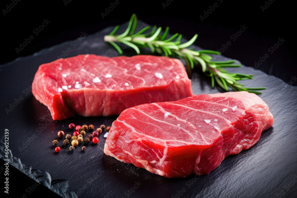 Two juicy raw steaks on a slate or dark shale background with pepper and herbs. Generative AI