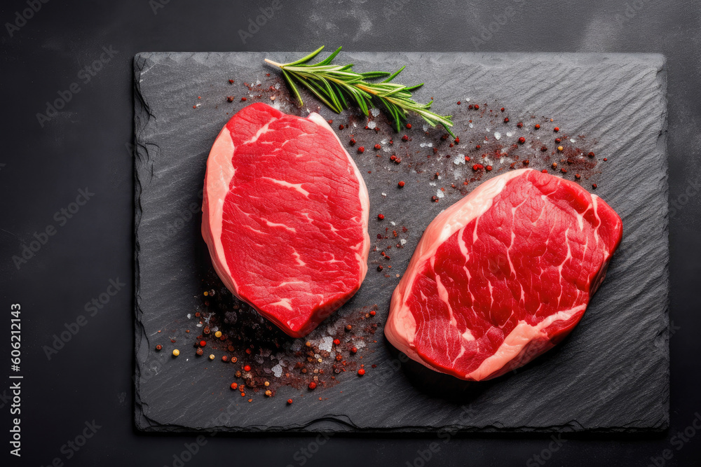 Two juicy raw steaks on a slate or dark shale background with pepper and herbs. Generative AI