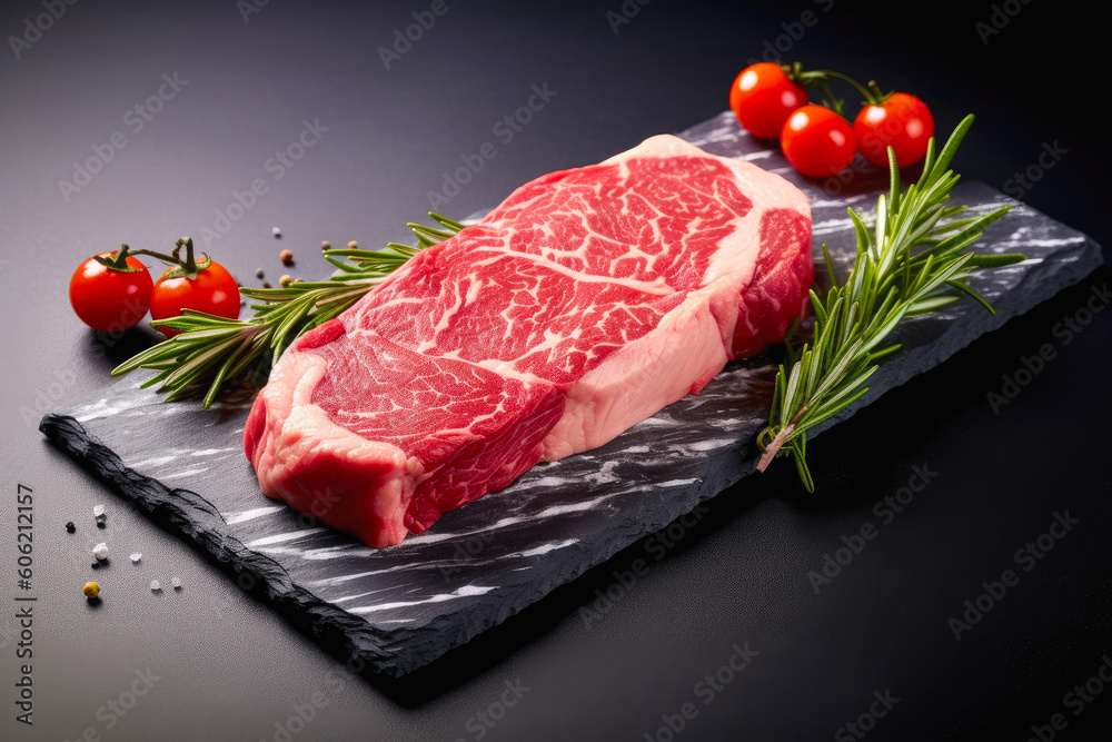 Raw premium wagyu steak on a slate or dark shale background with pepper and herbs. Generative AI