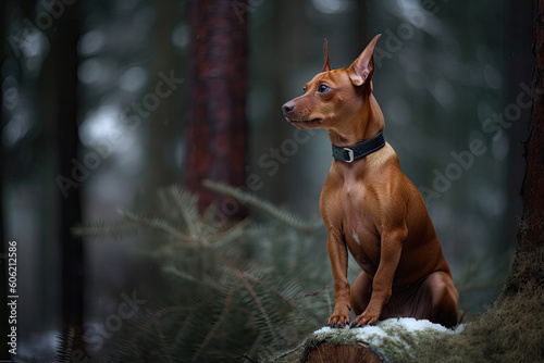 Red miniature pinscher in the winter forest, sitting on a log. Generative AI. photo