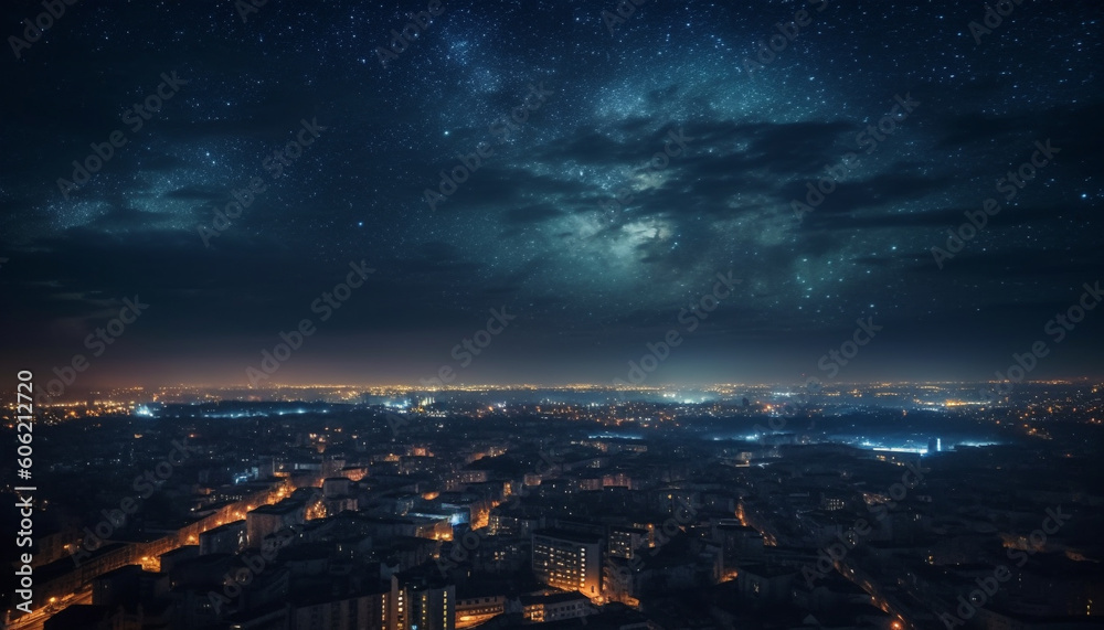 Naklejka premium Milky Way glows above city skyline at night generated by AI