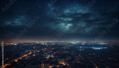 Milky Way glows above city skyline at night generated by AI