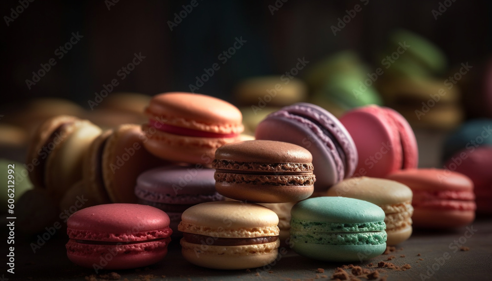 Multi colored macaroons in a sweet, French stack generated by AI Multi colored macaroons in a sweet, French stack generated by AI