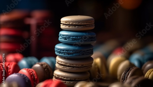 Multi colored macaroon stack, a gourmet indulgence generated by AI