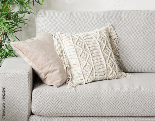 a gray couch with some pillows sitting on it and a plant photo