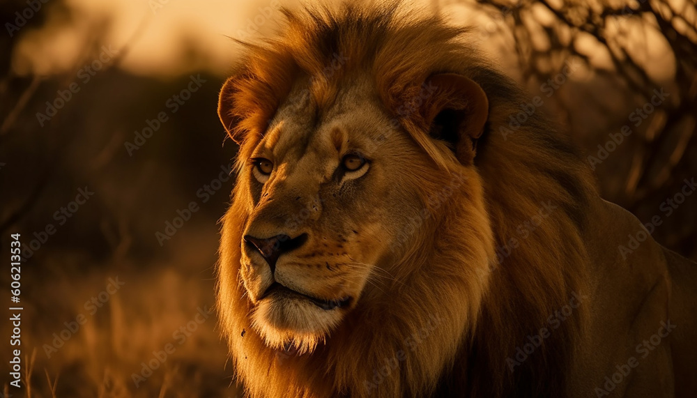 Fototapeta premium Majestic lion with a fierce mane walking generated by AI