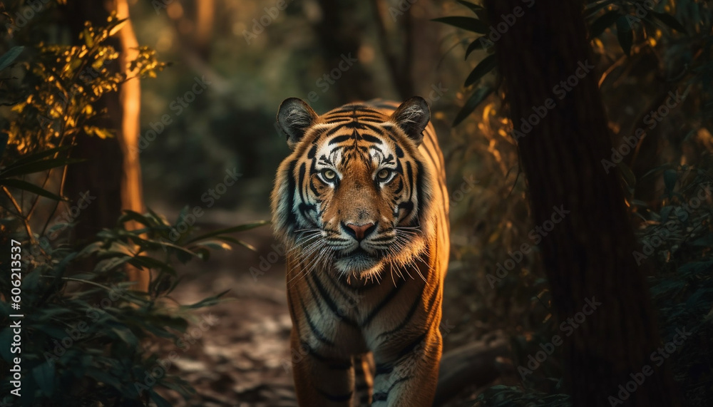 Bengal tiger walking majestically in tropical forest generated by AI