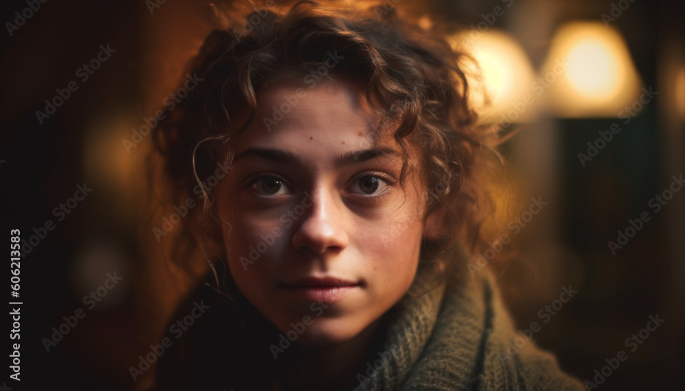 Young adult woman smiling outdoors at dusk generated by AI