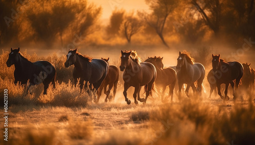 Running stallion in tranquil meadow at sunset generated by AI