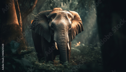 Large African elephant walking through tropical rainforest generated by AI