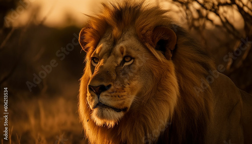 Majestic lion with a fierce mane walking generated by AI © Jeronimo Ramos