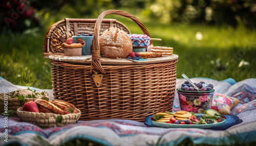 Fresh organic fruit and bread for picnic meal generated by AI