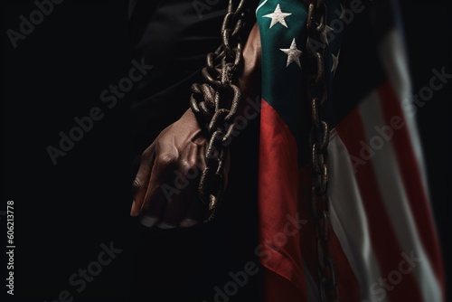 Black Lives Matter. The problem of culture, racism, and the descrImination of slavery. Juneteenth Emancipation Day. June 19. Freedom of Glosa Rights , fist of the chain Afro-American. photo
