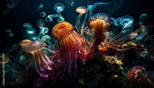 Multi colored cnidarian tentacles levitate in underwater beauty generated by AI