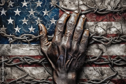 Black Lives Matter. The problem of culture, racism, and the descrImination of slavery. Juneteenth Emancipation Day. June 19. Freedom of Glosa Rights , fist of the chain Afro-American. photo