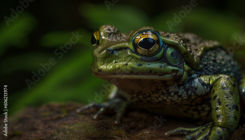 Green toad sitting on leaf in pond generated by AI