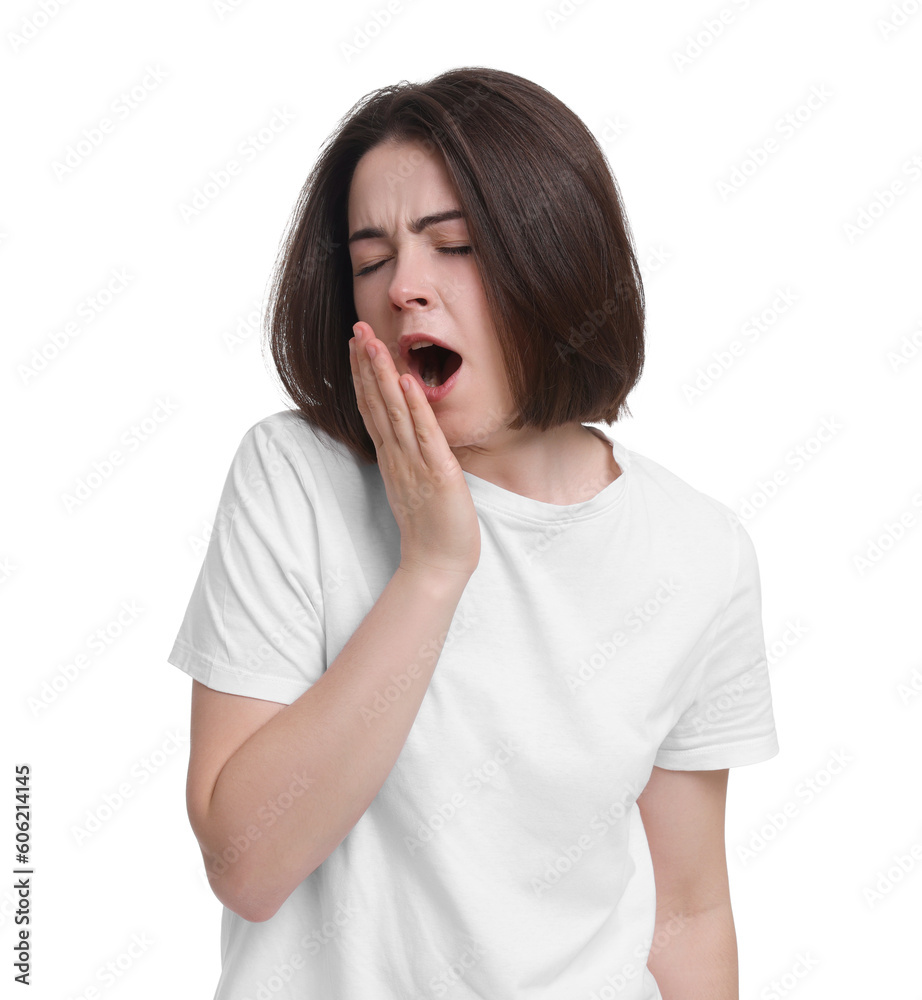 Sleepy young woman yawning on white background. Insomnia problem Sleepy young woman yawning on white background. Insomnia problem