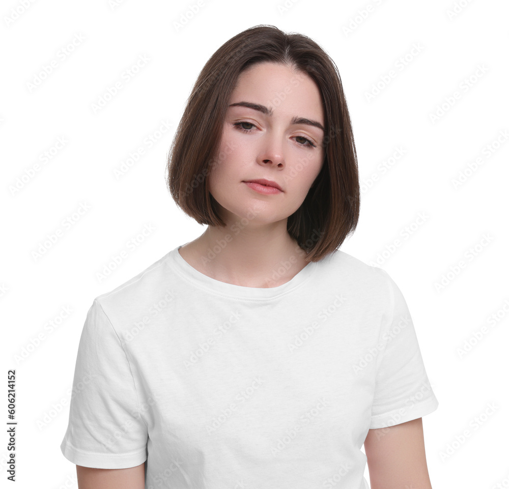 Unhappy young woman on white background. Insomnia problem Unhappy young woman on white background. Insomnia problem