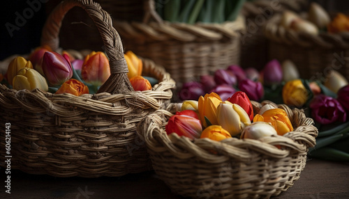 Fresh tulip arrangement in wicker basket gift generated by AI