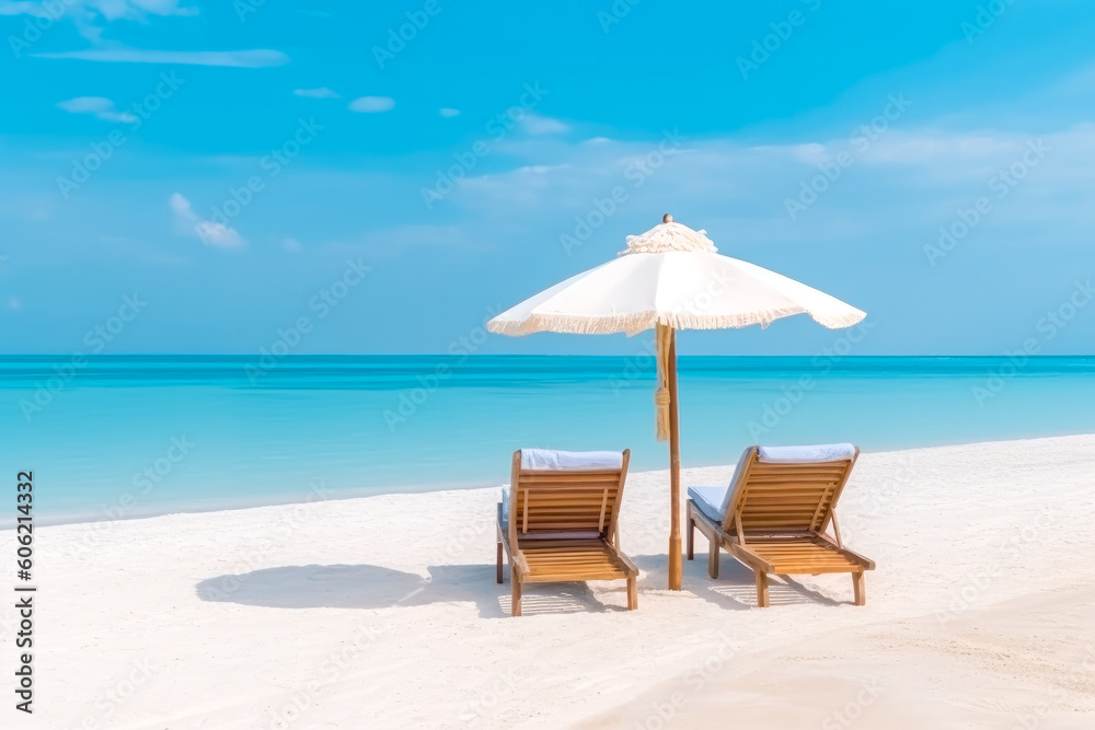 Beautiful beach banner - White sand, two chairs and umbrella. Vacation tourism travel background. Generative AI