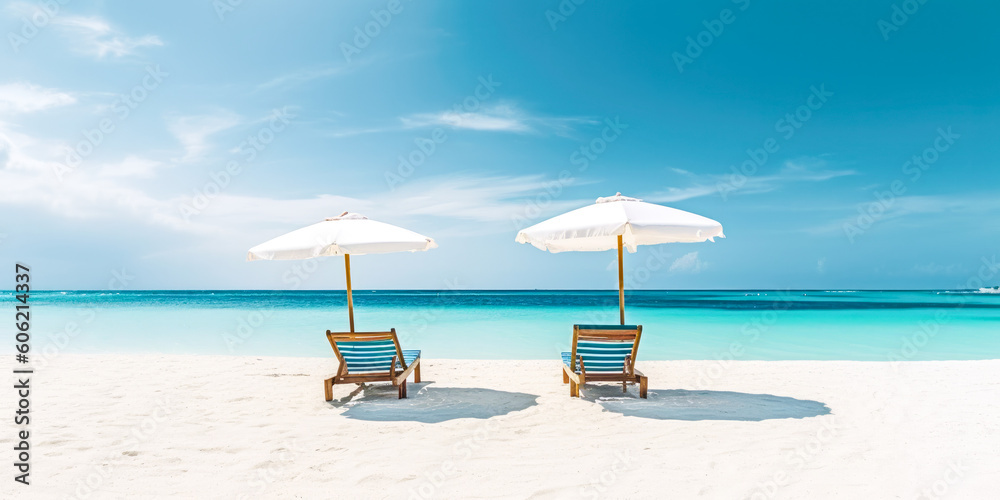 Beautiful beach banner - White sand, two chairs and umbrella. Vacation tourism travel wide panorama background. Generative AI