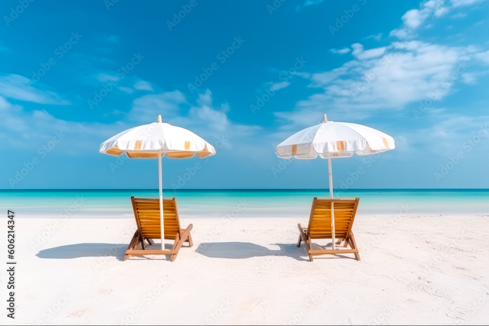 Beautiful beach banner - White sand, two chairs and two umbrellas. Vacation tourism travel background. Generative AI