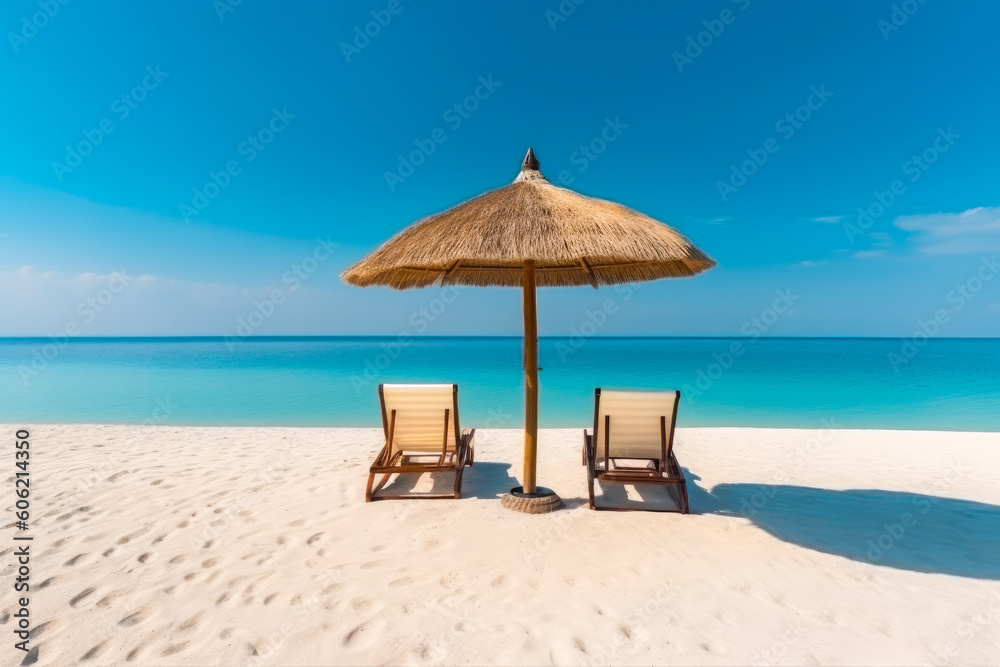 Fototapeta premium Beautiful beach banner - White sand, two chairs and umbrella. Vacation tourism travel background. Generative AI