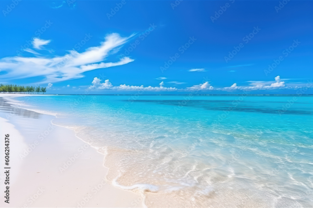 Beautiful sandy beach with almost white sand and rolling calm waves of turquoise ocean on Sunny day on background white clouds in blue sky. Generative AI Beautiful sandy beach with almost white sand and rolling calm waves of turquoise ocean on Sunny day on background white clouds in blue sky. Generative AI