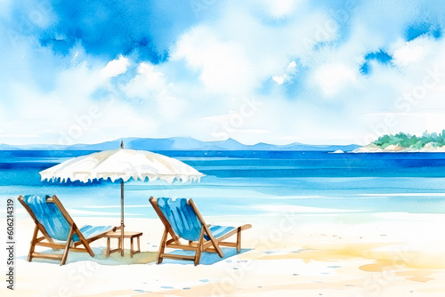 Beautiful beach banner - White sand  two chairs and umbrella. Vacation tourism travel watercolor background. Generative AI