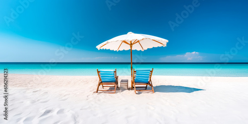 Beautiful beach banner - White sand  two chairs and umbrella. Vacation tourism travel wide panorama background. Generative AI