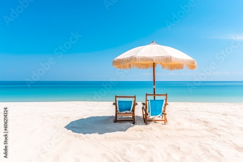 Beautiful beach banner - White sand  two chairs and umbrella. Vacation tourism travel background. Generative AI