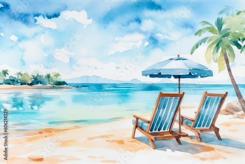 Beautiful beach banner - White sand, two chairs and umbrella. Vacation tourism travel watercolor background. Generative AI