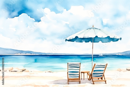 Beautiful beach banner - White sand, two chairs and umbrella. Vacation tourism travel watercolor background. Generative AI © MVProductions