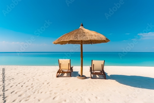 Beautiful beach banner - White sand  two chairs and umbrella. Vacation tourism travel background. Generative AI