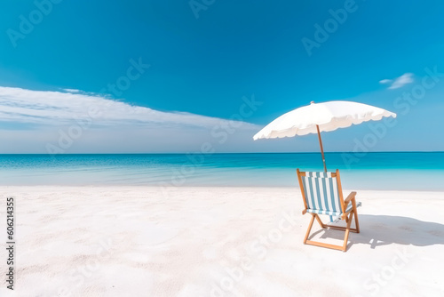 Beautiful beach banner - White sand  chair and umbrella. Vacation tourism travel background. Generative AI