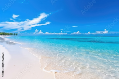 Beautiful sandy beach with almost white sand and rolling calm waves of turquoise ocean on Sunny day on background white clouds in blue sky. Generative AI