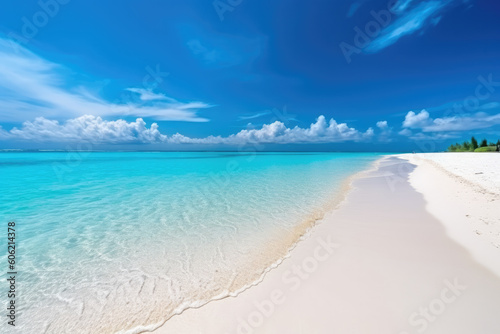 Beautiful sandy beach with almost white sand and rolling calm waves of turquoise ocean on Sunny day on background white clouds in blue sky. Generative AI © MVProductions
