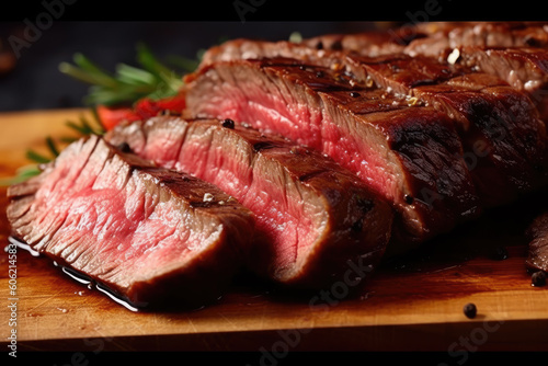 Juicy Angus steak or sirloin steak grilled over hot coals, sliced rare on a wooden board. Generative AI.