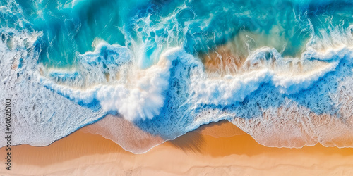 Ocean waves on the beach as a wallpaper background. Beautiful natural summer vacation holidays background. Top down view of beach and sea with blue water waves. Generative AI © MVProductions