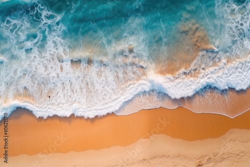Ocean waves on the beach as a wallpaper background. Beautiful natural summer vacation holidays background. Top down view of beach and sea with blue water waves. Generative AI © MVProductions