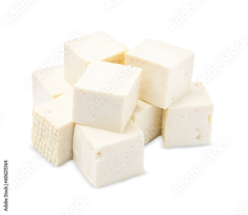 Delicious tofu cheese cubes isolated on white
