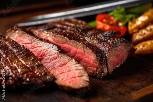 Juicy Angus steak or sirloin steak grilled over hot coals, sliced rare on a wooden board. Generative AI. photo