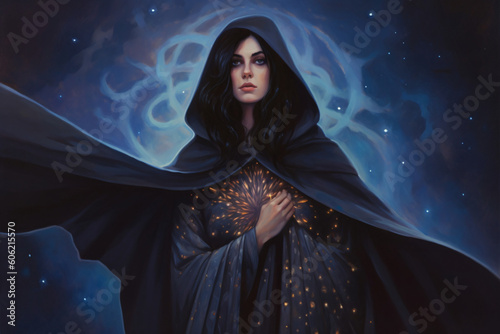 A mage woman wearing a black cloak Generative Ai