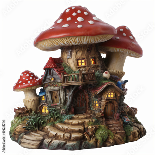 A figurine of a mushroom house with lights on isolated on a white background Generative Ai