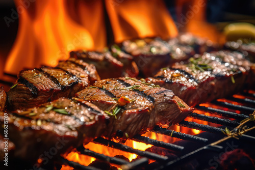 Barbecued grilled angus meat, rump steak, rump steak, flank steak, ancho steak, close-up. Generative AI.
