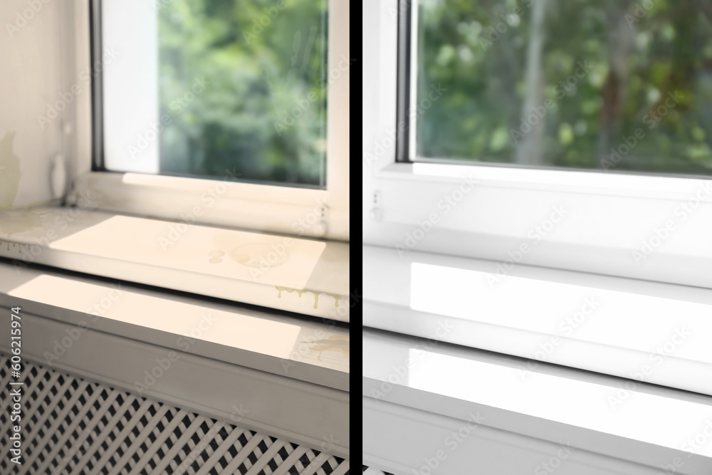 Photo of window sill divided in halves before and after cleaning, collage design Photo of window sill divided in halves before and after cleaning, collage design