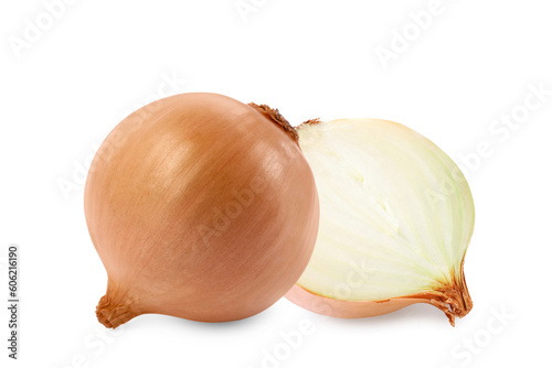 Whole and cut onion bulbs isolated on white