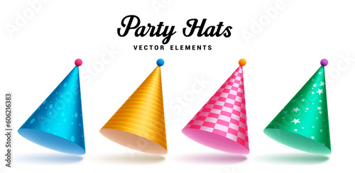 Birthday hats vector set design. Colorful 3d party hat and cap isolated in white background. Vector illustration  for kids event celebration.