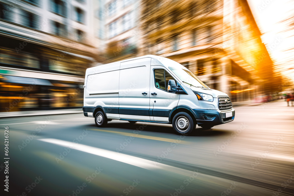 Delivery van in motion. Delivery car in its way. Cargo van driving. Blurred city streets in background. Generative AI Delivery van in motion. Delivery car in its way. Cargo van driving. Blurred city streets in background. Generative AI
